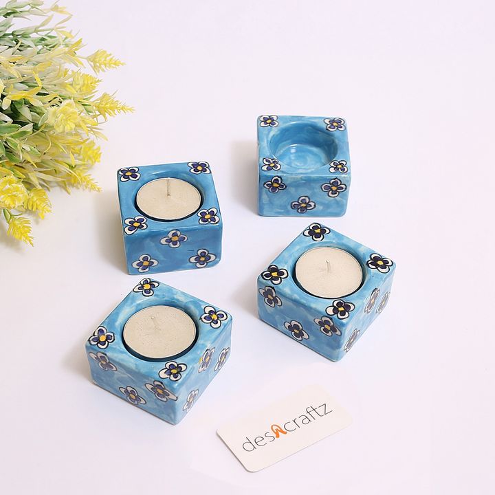 Blue Pottery T-Light Candle Holder, 3 x 3 x 3.75 Inch uploaded by business on 10/30/2021