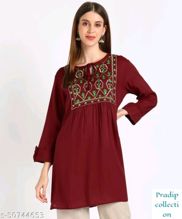 Post image *Comfy Designer Women Tops &amp; Tunics*Fabric: RayonSleeve Length: Three-Quarter SleevesPattern: EmbroideredMultipack: 1Sizes:M (Bust Size: 38 in, Length Size: 38 in) L (Bust Size: 40 in, Length Size: 38 in) XL (Bust Size: 42 in, Length Size: 38 in) XXL (Bust Size: 44 in, Length Size: 38 in) 
399
