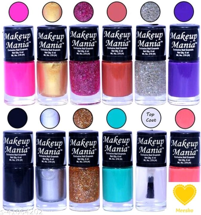 Post image Catalog Name:*Makeup Mania Exclusive Collection Nail Polish*
Brand: Others
Color: Multicolor
Type: Matte
Multipack: 12
Dispatch: 2-3 Days
Easy Returns Available In Case Of Any Issue
*Proof of Safe Delivery! Click to know on Safety Standards of Delivery Partners- https://ltl.sh/y_nZrAV3