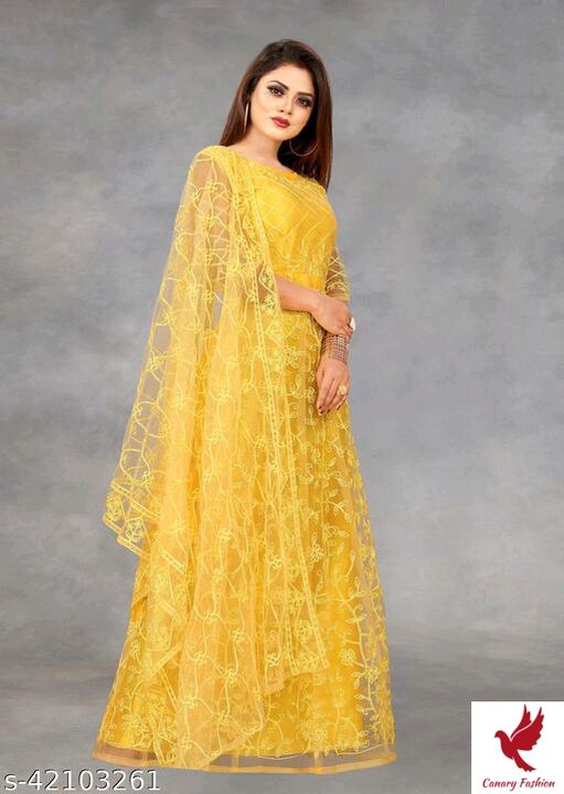 Net Embroidered Semi-Stitched Gown (Yellow_Free Size) uploaded by Canary Fashion on 11/12/2021