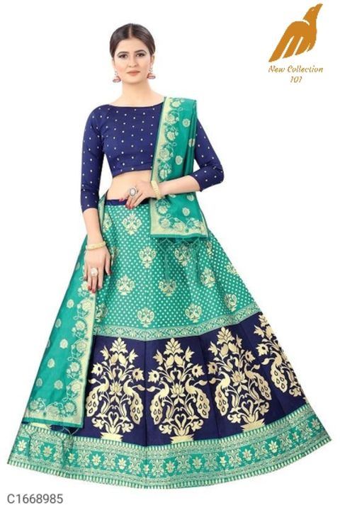 Post image Description: 1 Piece of Blouse, 1 Piece of Lehenga, and 1 Piece of Dupatta Fabric; Blouse: Silk, Lehenga: Silk, Dupatta: Silk Length; Blouse: 15 In, Lehenga: 42 In, Flair: 2.20 Mtr Size: Blouse: 0.8 Mtr, Lehenga: Alter Upto 44 inch Type; Blouse: Un-stitched, Lehenga: Semi-Stitched Work; Blouse: Jacquard, Lehenga: Jacquard, Dupatta: Jacquard