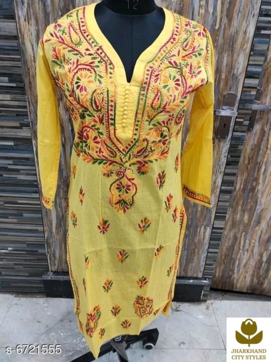 Catalog Name:*Women Cotton A-line Chikankari Yellow Kurti*
 uploaded by business on 11/16/2021