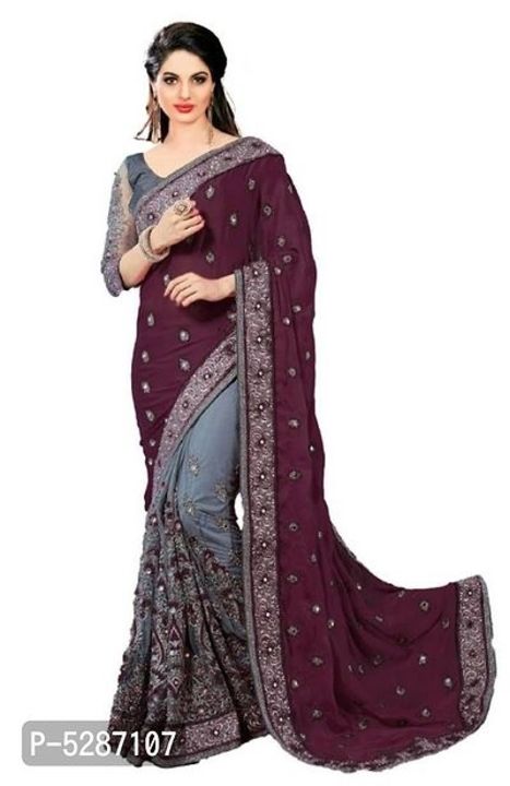 Elegant Grey Embroidered Satin Women Saree With Blouse piece uploaded by business on 11/16/2021