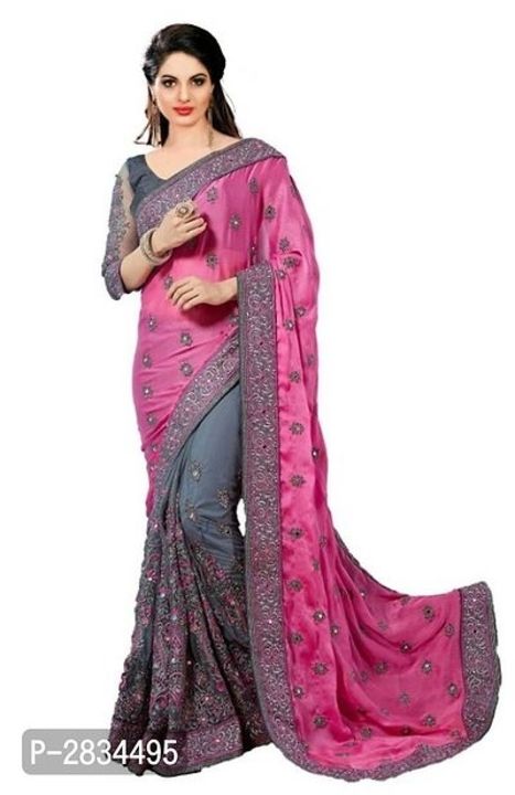 Elegant Grey Embroidered Satin Women Saree With Blouse piece uploaded by Ambe Collection on 11/16/2021