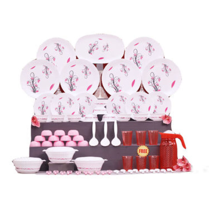 Post image 64 Pcs Designer Dinner Set + Free Jug + 6 Glasses+1 Manual Hand Juicer 

1. Dinner SetAttractive colour optionsComplete value for money100% BPA FreeMicrowave &amp; freezer safeA mega dinner setEvery housewife's prideA royal dining experience
2. Jug &amp; 6 GlassesBPA free food grade materialDesigner jug with lid - 1.8 Ltr6 Pcs designer glass - 200 mlTextured finishUnbreakble glassesServe water, juice etc.A combo for entire familyWide mouth for cleaning
Features of Dinner Set:Material: Food Grade PlasticDesign: Beautiful Floral PrintAvailable Colours: Green, Pink
Description:6 Pcs. Full Plate: Diameter: 26 cm6 Pcs. Quarter Plate: Diameter: 19.5 cm3 Pcs. Serving Bowl: Diameter: 20 cm, Height: 7.5 cm, Capacity: 1300 ml3 Pcs. Lid for Serving Bowl: Diameter: 20 cm10 Pcs. Curry Bowl: Diameter: 10.8 cm, Height: 4.9 cm, Capacity: 300 ml12 Pcs. Chutney Bowl: Diameter: 7 cm, Height: 3.3 cm, Capacity: 200 ml10 Pcs. Table Spoon: 15 cm long3 Pcs. Serving Spoon: 23 cm long10 Pcs. Fork Spoon: 15 cm long1 Pc. Serving Tray: 34 x 19 cm
Features of Jug &amp; 6 Glasses:Type: Water Jug &amp; GlassesMaterial: PlasticFinish: Textured finishHandle: Easy grip to handleColours: Assorted
Description:1 x Water Jug with Lid : Diameter: 11.5 cm, Height: 22.5 cm, Capacity: 1.8 Ltr6 x Glass : Diameter: 7 cm, Height: 9.3 cm, Capacity: 200 ml
Fruit Juicer

Material

Plastic
Color- (NA)