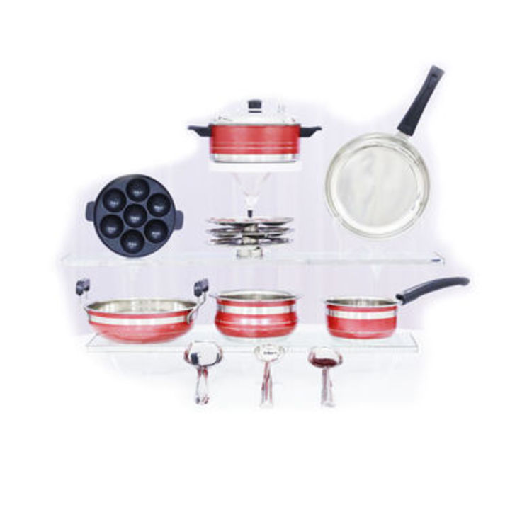 Post image 9 Pcs Colored Cookware Set + Free Appam Patra

Features of 9 Pcs Colored Cookware Set:Type: Cookware SetMaterial: Stainless SteelCoating: ColourFinish: Textured finishHandle: BakeliteColours Available: Red, Blue, Green
Description:1 x Multi-cooker with Lid: Diameter - 19.8 cm, Height - 13.5 cm, Capacity: 2.25 Ltr1 x Idli Rack (3 x 4 Cavity): Diameter - 18.4 cm, Height - 9.5 cm1 x Chetty: Diameter - 17.5 cm, Height - 7.9 cm, Capacity: 1350 ml1 x Kadhai: Diameter - 22 cm, Height - 10.9 cm, Capacity: 1700 ml1 x Sauce Pan: Diameter - 15.4 cm, Height - 7.9 cm, Capacity: 1000 ml1 x Fry Pan: Diameter - 22.2 cm, Height - 4.2 cm, Capacity: 1200 ml1 x Rice Serving Spoon: 23.5 cm long1 x Laddle: 24 cm long1 x Serving Spoon: 25 cm long
Features of Free Appam Patra:Type: Appam PatraBase Material: AluminiumCoating: 2 Layer non stick coatingGauge: 2.6 mm thicknessHandle: AluminiumCapacity: 7 CavityDiameter: 19.9 cmHeight: 3.1 cm