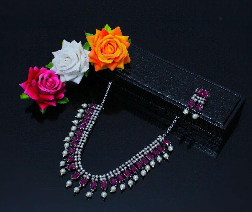 Oxidized Silver Toned Ruby Studded Pearl Necklace Set uploaded by Eivri Jewellers on 11/17/2021