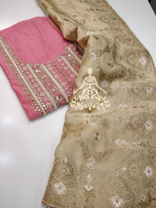 Post image *🍃 Chanderi Pintuck Embroidered Shirt with Gota Patti , Zardozi, &amp; Pearl Work*
*✔Banarsi Silk Dupatta With Pearl Detailing*
*✔ Shantoon Bottom*
*💰MSP Rs.3299+100$*