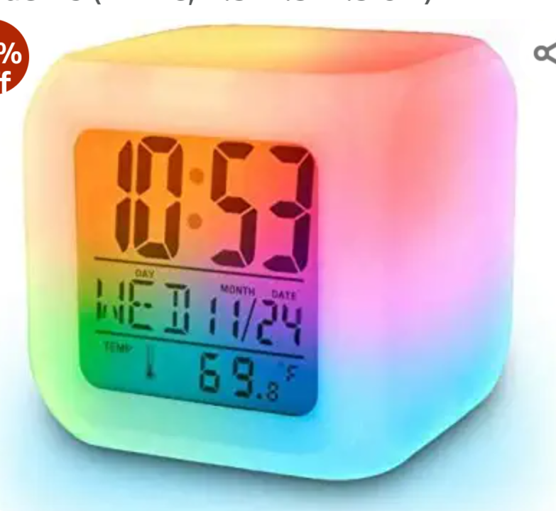 Post image  Is color changing Digital Alarm clock the ideal gift for children and adults.

This cool glow in the dark color changing alarm clock / mood lamp also displays a temperature thermometer display.

The backlight display provides time, date and temperature, while the translucent case lights with 7 different colors.

Be amazed how it gently disappears through the colors of the rainbow.

The light function can be set to constantly on to gently lull you to sleep or as a back light option when the unit is pressed.



Product Description:

Features:

This amazing glow in the dark clock also features a temperature read out. The backlight display features time, date temperature whilst the translucent case glows with 7 different colors. Product information an elegant and useful product for all home and offices desk. The LED color changing digital alarm clock features a glowing LED display in seven changing colors. The glowing clock provides you with the time, day of the week, date (month/day), week and temperature along with eight alarm songs. Specification:

The glowing clock provides you with the time, day of the week, date (month/day), week and temperature along with eight alarm songs. The clock runs on Three 3 'AAA' batteries. (not include) Product Features Alarm and sleeping functions: Displays Time, Date, Week, Month and Temperature. Useful:

This clock is the ideal gift for children and adults. Be amazed as it gently fades through the colours of the rainbow. This cool glow in the dark colour changing alarm clock/mood lamp also displays has a temperature thermometer readout. Big LCD digital display design, easily glance! Normal time mode shows the time, date and can be achieved 12/24 hours of conversion. The light function can be set to constantly on to gently lull you to sleep or as a backlight option when the unit is pressed. Package