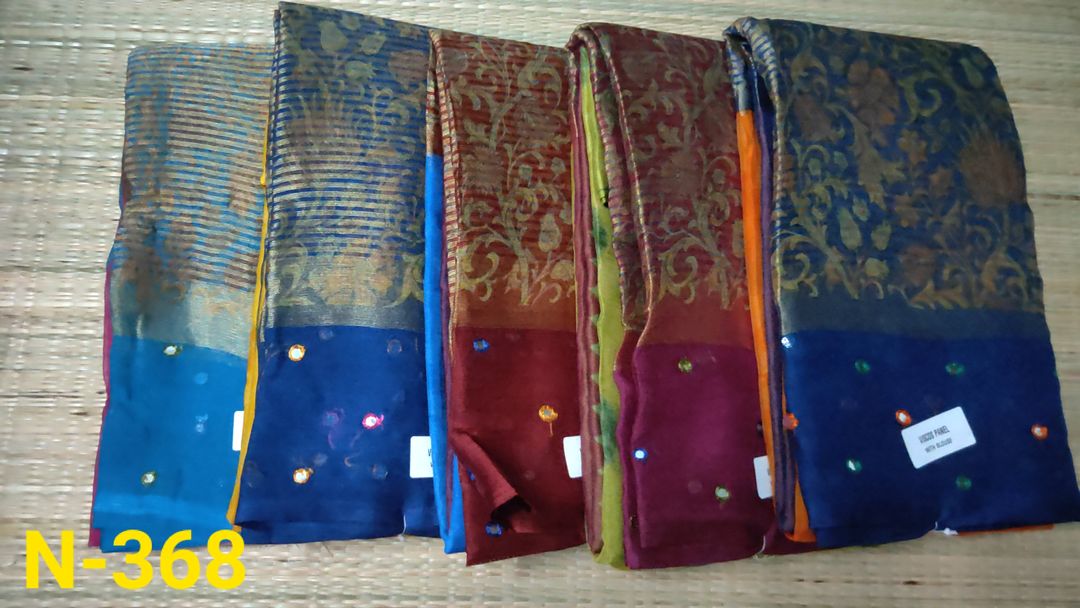 Post image *BEAUTIFUL VISCOSE PANEL BRASSO SAREES WITH MIRROR WORK*
*Hand stock collections*
🌸 Nice smooth and shine viscos panel Chiffon Brasso fabric with mirror work &amp;  blouse as shown in video 🌸Excellent color Chart