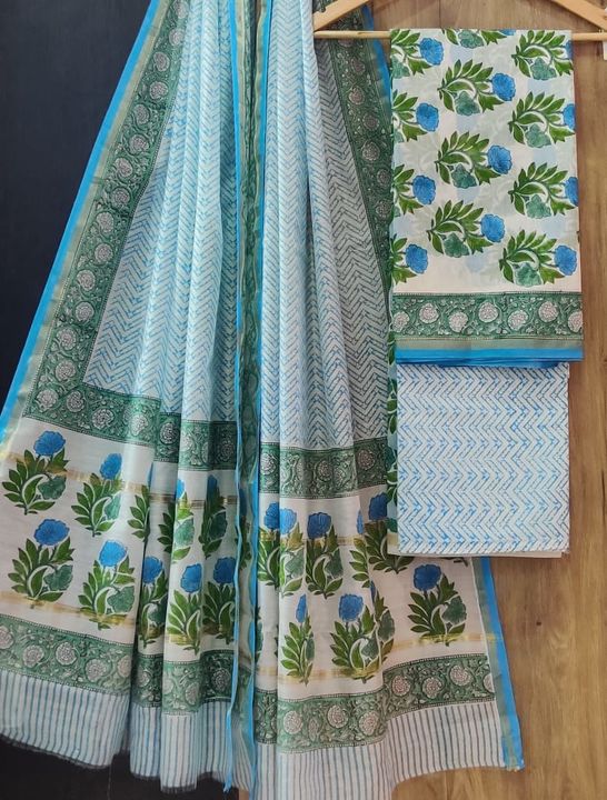 Post image 🍁 *Exclusive collection of handblock printed pure chanderi silk suit sets with cotton bottom.* 🍁Fabric size/details 2.5meter top chanderi 2.5meter bottom cotton 2.5meter dupatta chanderi