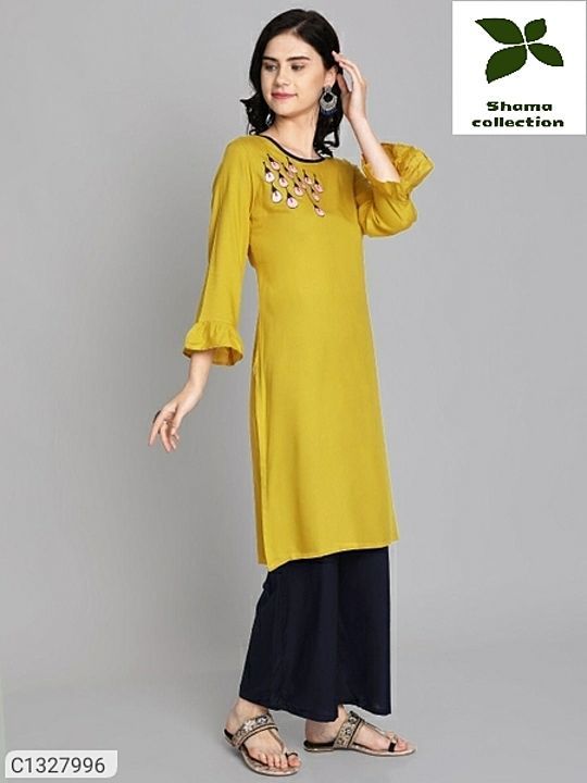Post image *Details:*
Description: It has 1 Piece of Kurti and 1 Piece of Palazzo 
Fabric: Kurti: Rayon, Palazzo: Rayon 
Size (In Inches); Kurti: M-38,L-40, XL-42, 2XL-44, Palazzo: Free Size Upto 42 In
Length: Kurti: 40 In, Palazzo: 40 In 
Kurti Sleeves: 3/4th Sleeves 
Type; Kurti: Stitched, Palazzo: Stitched 
Work: Kurti: Embroidered, Palazzo: Solid

*Price* :-710/-