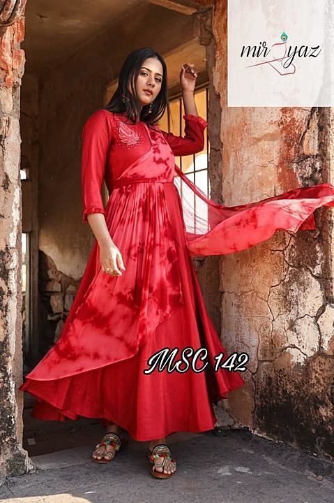 Post image *MSC 142*👗
*MSC 143*👗
_*Feminine polished elegant classy _all wrapped into one dress*_💞

*Silk drape dress with attached Tie n dye drape (attached georgette dupatta) embellished with handwork on shoulder n designer sleeves*

_*Size S M L Xl (37 to 43)*_ 

_*Price: 1450/- + ship*_

*Ready to Dispatch*