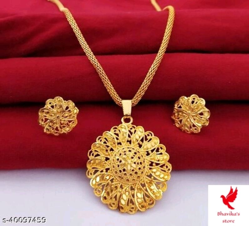 Post image Catalog Name:*Sizzling Bejeweled Jewellery set*Base Metal: AlloyPlating: Gold PlatedStone Type: No StoneType: Pendant and EarringsMultipack: 1Easy Returns Available In Case Of Any Issue