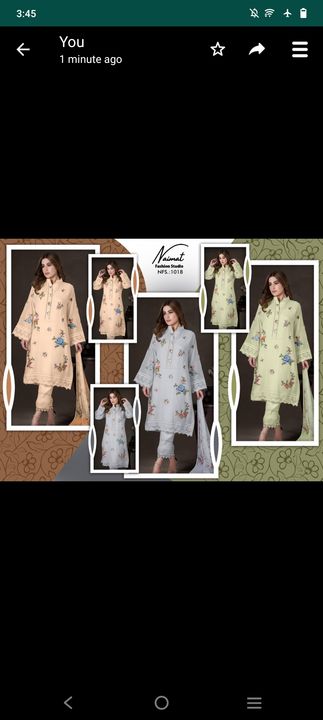 Post image 💞💞💞💞💞💞💞💞💞
*Today We launching New Designer Festival Collection*
💞💞💞💞💞💞💞💞💞💕💕
 *Laxurious pŕet Collection*            *Present by*     *💫NAIMAT Fashion Studio💫*      *💎NFS:- 1018💎*       Today We our launching our new *Embroidery With Glamours Lace Work &amp; Digital Print Dupatta With Cigarate pant With Lace*
➖➖➖➖➖➖➖➖💞 *Description*💞〰〰〰〰〰〰〰 *Designer Glamours Embroidery With Glamorous Lace Work &amp; Digital Print Dupatta With Cigrate pant With Lace Work *
💞 *Details*💞〰〰〰〰〰〰〰✨ *Top*:- Pure Georget ✨ *Inner*:- Santoon✨ *Bottom* :-Cotton Strechable ✨ *Dupatta* :- Digital Print 
✨ *Colours :-*03*     (1) :- *Coral Peach*     (2) :- *Berry Green*     (3):- *pastel blue*
✨ *Top xl size chest* (42)✨ *Bottom waist xl size* (36-42) 
✨ *Top Length* (39)✨ *Bottom Length* (38/39)


✨ *Rate 1250/-* each
   *🔴Limited Stock🔴*     
✨ *Dispatching At Tomorrow*✨