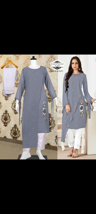 Post image ‼️ *SG formal Collection*‼️                          *SAHENSHAH MA-30*➖➖➖➖➖➖➖*Original by*
          *SAHENSHAH THE DESIGNER PATTERN*         ➖➖➖➖➖➖➖➖🔴 *Description*🔴〰〰〰〰〰〰〰 *Designer Tunic * embellished with *Beautiful Hand work * paired with designer sleeves paired with**Designer stylist  cut pattern Cigarette pant*
🔴 *Details*🔴〰〰〰〰〰〰〰✨ *Kurti*:- Pure heavy Georgette ✨ *Inner*:-Santoon✨ *Cigarette pant*:- *PURE HEAVY LAWN COTTON*
✨ *Colour*   *8 Colours*    
       ‼️ *Size Chart*‼️✨ *Top xl size chest* (42) ✨ *Bottom xl size* (36-40) 
✨ *PRICE:- 850/- single multiple available*     
✨Colour may slightly vary due to light effect✨
🔴Ready stock🔴
✨ *READY TO SHIP*✨