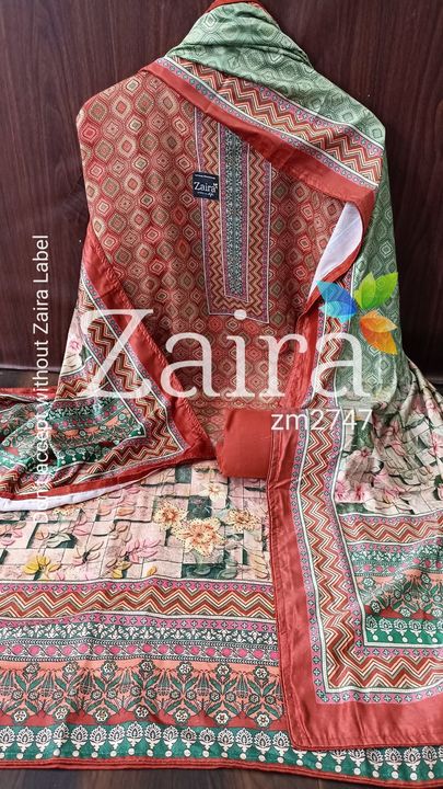 Post image ZM2747 
*ZAIRA GARAM COLLECTION* 
🌹 Pure Pashmina top with beautiful digital print n sirwoski work unstitched premium quality fit upto 52 Length 45 🌹 Pure pashmina bottom 2.25 mtr aprox 🌹 Digital print velvet stole 
*Quality Zaira Assured* 💯 👌 
*1800 free shipping*
