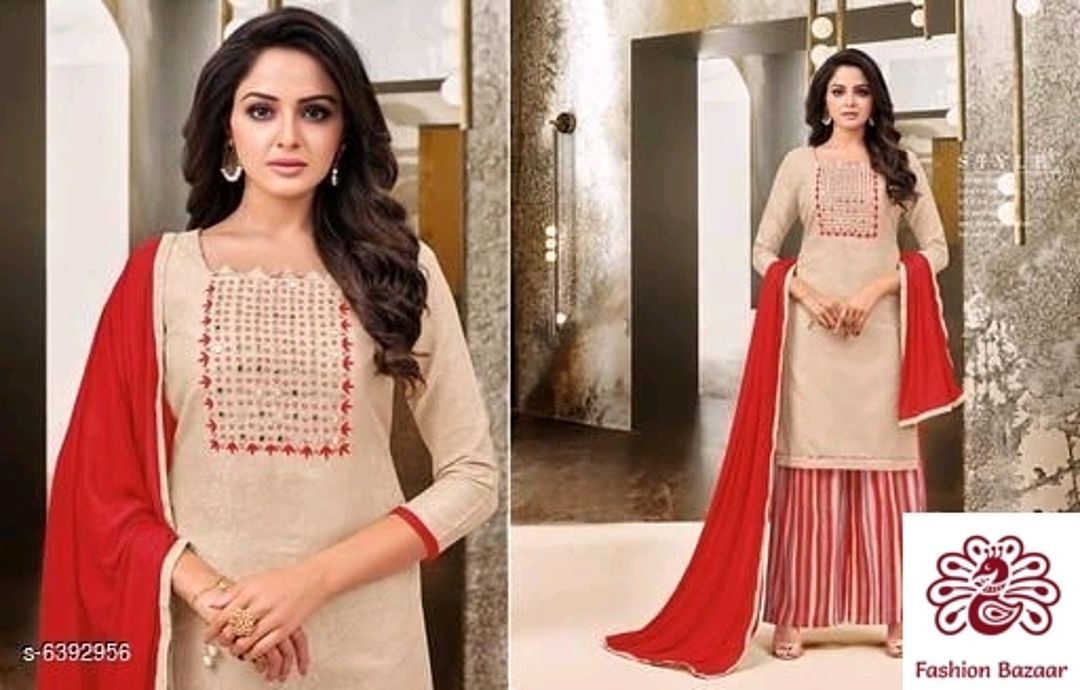 Post image Women unstiched suit Material 
.
Catalog Name:* Attractive Suits &amp; Dress Materials*
Top Fabric: Cotton Silk + Top Length: 2 Meters
Bottom Fabric: Santoon + Bottom Length: 2.50 Meters
Dupatta Fabric: Nazmeen + Dupatta Length: 2.25 Meters
Type: Un Stitched
Pattern: Embroidered
Multipack: Single
Dispatch:2-3 Days
Designs: 4