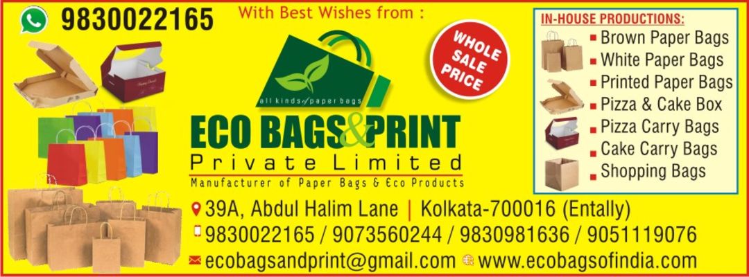 Post image Eco Bags &amp; Print Pvt. Ltd: Specialised in Food Packaging Boxes and Carry Bags all in in house...productions
 We are manufacturer of any kind of food packaging boxes and carry bags. Please do connect us for your requirements. We do all branding packaging.
Please do call or whatsapp at 9830022165