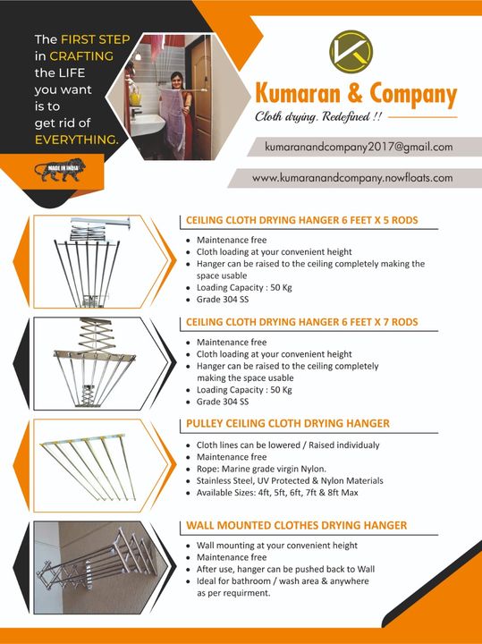 Post image Kumaran and Company - 8220110089
Our Products:
Outdoor Wall Mounted Cloth Drying Hanger
Indoor Wall Mounted Cloth Drying Hanger
Wall Mounted SS Cloth Drying Hanger
Wall Mounted Cloth Dry System
Wall Mounted Cloth Drying Stand
Wall Mounted Cloth Drying Hanger
I Model Nylon Rope Ceiling Cloth Drying Hanger 6 Feet X 6 Lines
Kumaran And Company Products
Towel Drying Stand
Cloth Drying Stand - H Model
Cloth Drying Stand - Heavy Duty Model
Cloth Drying Stand - X Type Model
Cloth Drying Floor Stand - X Type Model
Cloth Drying Stand - Stainless Steel
Cloth Drying Stand - Butterfly Model
Pulley Ceiling Cloth Drying Hanger - Stainless Steel - 8Feet X 6Line
Pulley Ceiling Cloth Drying Hanger - Stainless Steel - 7Feet X 6Line
Pulley Ceiling Cloth Drying Hanger - Stainless Steel - 6Feet X 6Line
Pulley Ceiling Cloth Drying Hanger - Stainless Steel - 5Feet X 6Line
Pulley Ceiling Cloth Drying Hanger - Stainless Steel - 4Feet X 6Line
Pulley Ceiling Cloth Drying Hanger - SS with Plastic Kit - 8Feet X 6Line
Pulley Ceiling Cloth Drying Hanger - SS with Plastic Kit - 7Feet X 6Line
Pulley Ceiling Cloth Drying Hanger - SS with Plastic Kit - 6Feet X 6Line
Pulley Ceiling Cloth Drying Hanger - SS with Plastic Kit - 5Feet X 6Line
Pulley Ceiling Cloth Drying Hanger - SS With Plastic Kit - 4Feet X 6Line
Ceiling Cloth Drying Hanger Powder Coated - 8Feet X 7Line
Ceiling Cloth Drying Hanger Powder Coated - 7Feet X 7Line
Ceiling Cloth Drying Hanger Powder Coated - 6Feet X 7Line
Ceiling Cloth Drying Hanger Powder Coated - 5Feet X 7Line
Ceiling Cloth Drying Hanger Powder Coated - 8Feet X 5Line
Ceiling Cloth Drying Hanger Powder Coated - 7Feet X 5Line
Ceiling Cloth Drying Hanger Powder Coated - 6Feet X 5Line
Ceiling Cloth Drying Hanger Powder Coated - 5Feet X 5Line
Cloth Drying Hanger (Stainless Steel) - 8Feet X 7Line
Cloth Drying Hanger (Stainless Steel) - 7Feet X 7Line
Cloth Drying Hanger (Stainless Steel) - 6Feet X 7Line
Cloth Drying Hanger (Stainless Steel) - 5Feet X 7Line
Cloth Drying Hanger (Sta