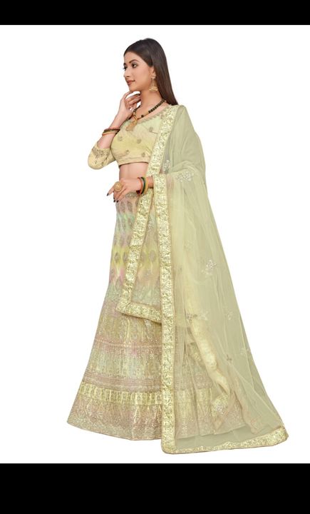 Post image Care Instructions: Dry Clean Only

Fit Type: Overall

Lehenga :- Semi-stitched | Fabric : Taffeta silk Work : Chain Stitch Embroidery work Inner :-silk Size : Waist-44 inches, Height-44 inches

Dupatta Details Type : Ready Fabric : Net Work : Embroidery work lace Dupatta Length : Upto 2.50 Mtr.

Note: Accessories shown in the image of Lahenga Choli are for photography purpose. Colour of Product may slight vary due to digital photography or your monitor / mobile settings

Package content: - 1 semi-stitch lehenga: 1 unstitch choli: 1 dupatta