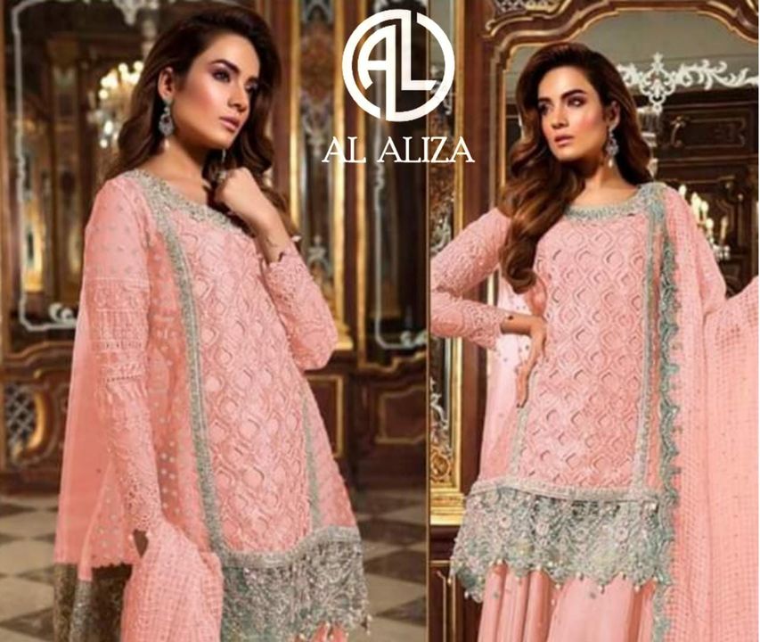 Post image *****AL ALIZA *****
TOP - *Georgette* with beautiful *sequence work* and *cutwork* all over *INCLUDING SLEEVES*
INNER &amp; BOTTOM - *Santoon*
DUPATTA - *Organza* with *beautiful cutwork* with *sequence work &amp; thread work*
*PRICE : 1100+$/-* 🥰
*READY TO DISPATCH*