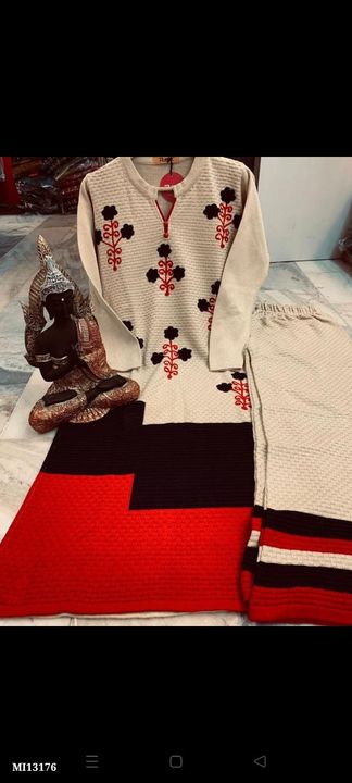 Post image Catalog Name: *Best Quality woolen kurti with bottom*
EVS WOOLLENS 
Premium range of knitted kurta bottom sets at offer price 
Topmost Quality pure wool used.  
Super warm 
Size Free Upto M to XXL 
🚚 _*Free Shipping.*_Mc