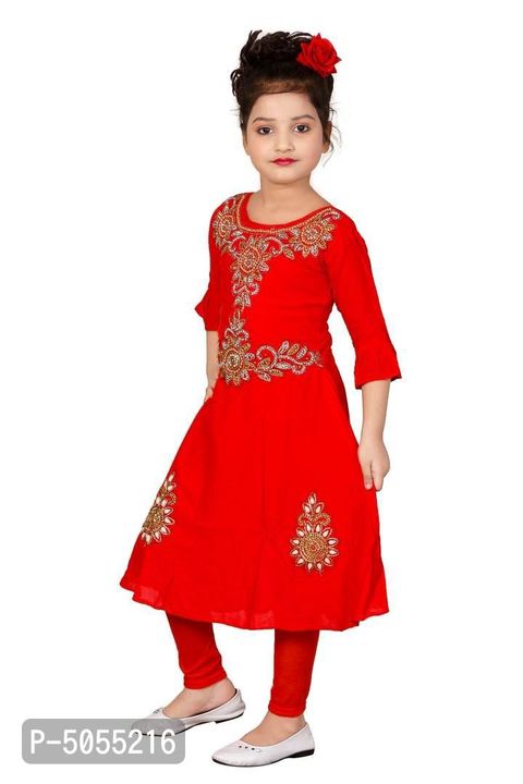 Stylish Cotton Red Embroidered Round Neck Bell Design Sleeves Kurta With Leggings For Girls
 uploaded by Tiptop on 12/5/2021