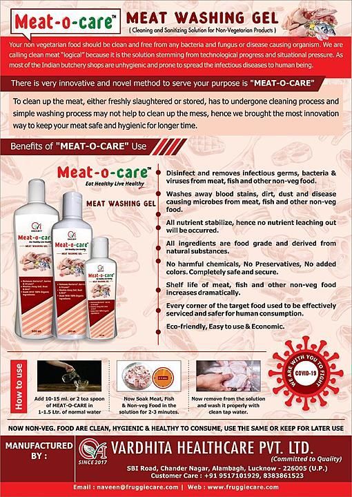 Post image MEAT-O-CARE is very innovative and novel method to clean up the meat, either freshly slaughtered or stored, has to undergone cleaning process and simple washing process may not help to clean up the mess, hence we brought the most innovative way to keep your meat safe and hygienic for longer time.