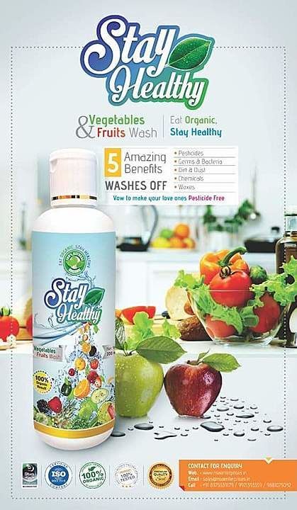 Post image Looking for SS &amp; Distributer in all over India.

Stay Healthy is a biological &amp; biodegradable solution for cleaning vegetables &amp; fruits from organic debris &amp; pesticide residues. It is a mixture of biological microbial originating bio surfactant based products in a specific proportion. Formula of Stay Healthy has been tested with approved test laboratories for pesticide residue &amp; cleaning percentages. Stay Healthy does not have any hazardous chemical or solvents or any other toxic compounds.
ADVANTAGES...
It removes complete toxic components,pesticides, chemicals &amp; waxy residues from surface.
It is Eco-friendly &amp; biodegradable material.
Treat to fruits &amp; vegetables for maintain their original characteristics.
It will not leave or observe residues after cleaning.
Very powerful, faster &amp; easy for handling
100% organic product.

Stay Healthy Vegetable and fruits cleaning liquid.
100% Organic, certified by NHRDM..
Looking for super stockist all over india
For any enquiry call on 9922574227
Visit our web site. www.nsaenterprises.in