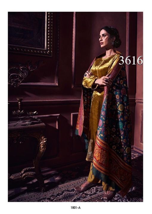 Post image Design 3616
Varsha amisha 
Top - pure velvet with embroidery 
Bottom - pashmina solid 
Duppatta - kanni woven 

3450/-