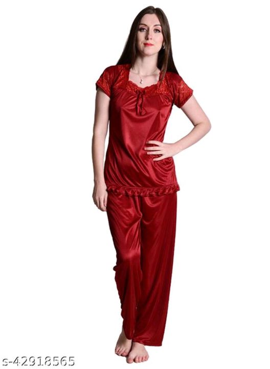 Nightdoll Wine Satin Nightwear Night Suit Top & Pajama Set uploaded by Indian Market on 12/15/2021