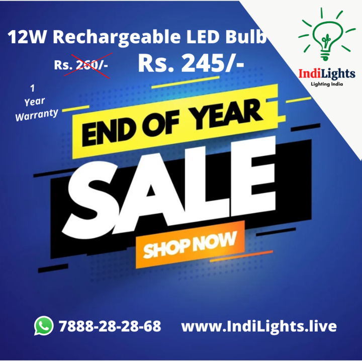 Post image **Year End Offer**
12 Watt Rechargeable LED Bulb with 1 year warranty in just Rs. 245/-. 

You can get your brand logo printed on this product, sell this product with your brand logo. Promote your brand.

Limited period offer with limited stock. Hurry!!!

Call or WhatsApp : 7888-28-28-68.

WhatsApp Link : https://wa.me/917888282868

Website : https://www.IndiLights.Live

IndiaMART : https://www.indiamart.com/indilights/