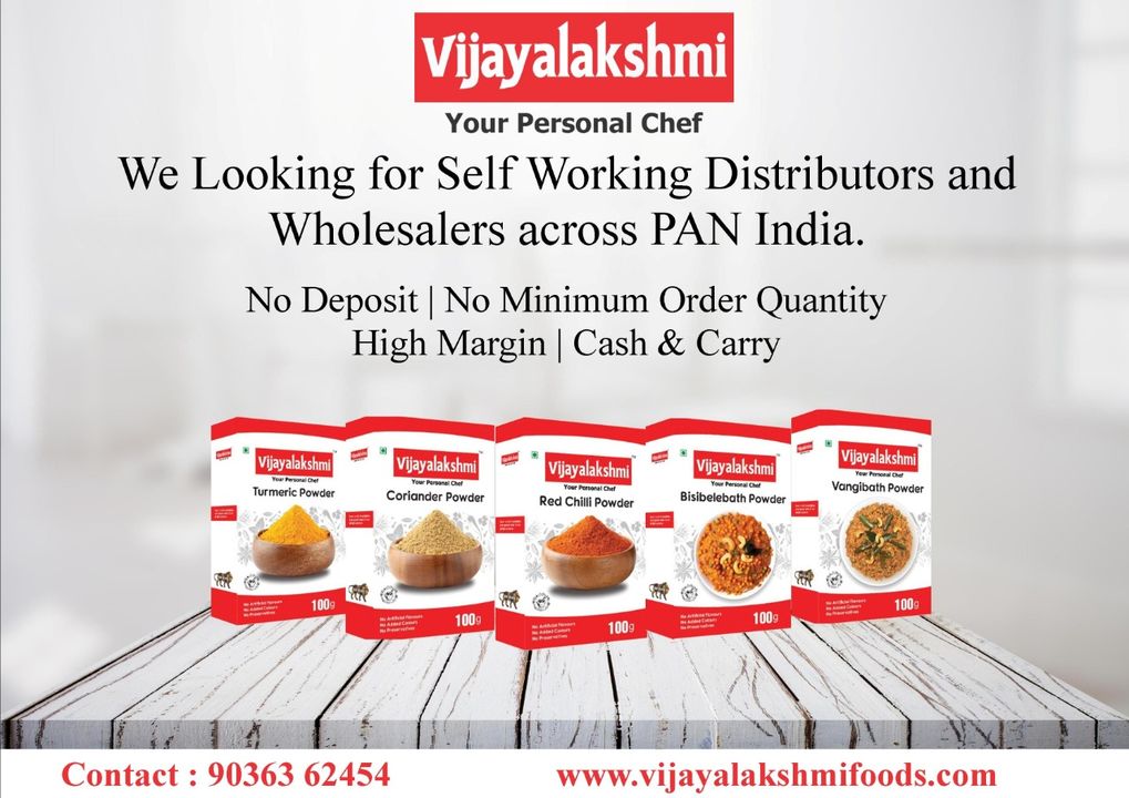 Post image Greetings From Vijayalakshmi Foods, Bengaluru.!!We are Manufacturer of spices powder, blended masala powder and cold pressed oils.We looking for distributorship across pan India.For further details and catalog contact: +91 9036362454www.vijayalakshmifoods.com