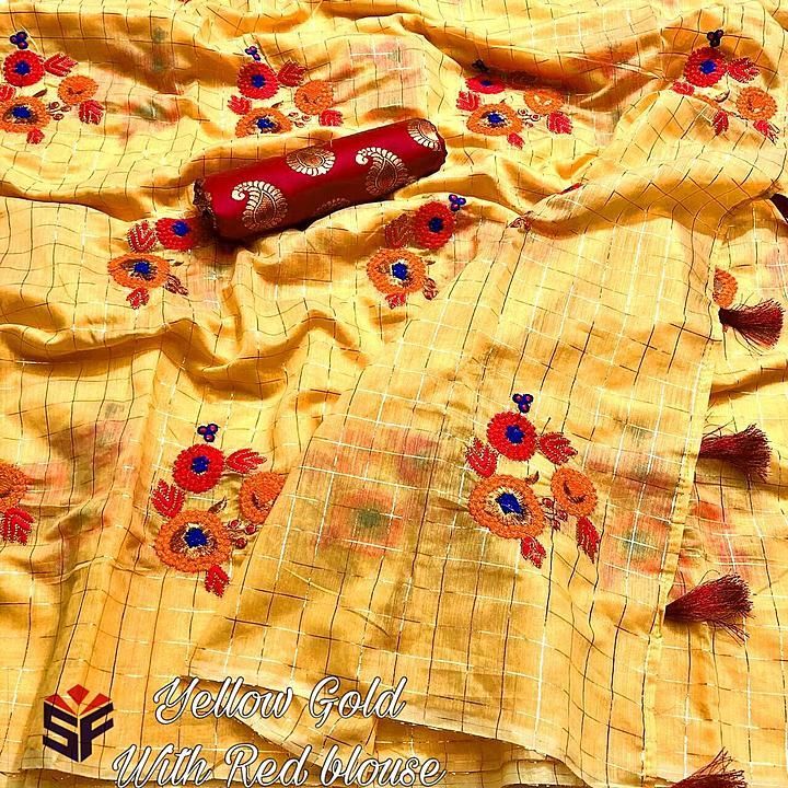 Post image *New design*

*_ checks Gulab_*

*Fabric- Chanderi cotton Chakes*
*With full embroidery 🧵 work in saree*

*Blouse- weving kari design blouse*

Type-  embroider work
*Saree cut-5.5 mtr*
*Blouse cut -0.75 mtr*
*Blouse colour Common in all saree Red blouse* with *saree palu tussle*

*Price- 750/- FREE SHIPPING

For booking please click the below link :- 

https://chat.whatsapp.com/LeCqX1ofjYf3dMnvUFIWmW
