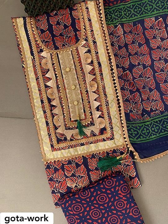 Post image Festive Collection〽️
Hand Block Printed Cotton Suit with Gota Work🌷🌹

Top: cotton 2.5 meter with stiched neck &amp; gota work
Bottom: cotton 2.5 meter
Duppata: cotton 2.5 meter with zari border and tessals✨