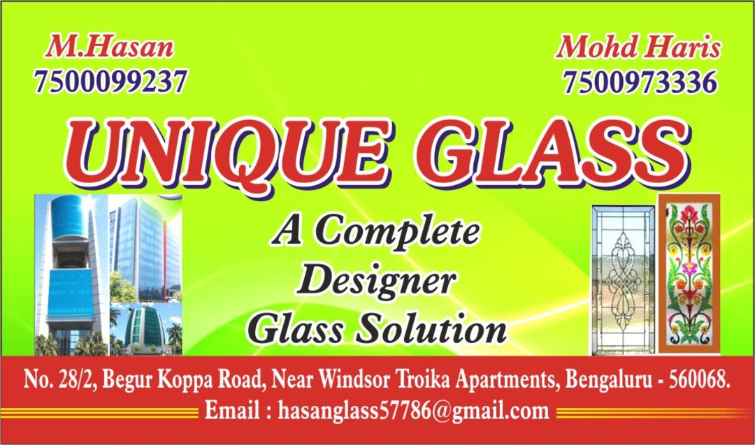 Post image Hello,,, Mister/Mistress...All kind of glass work is accessible here,,,, As.... Glass Design, Glass Mirror, Bathroom Shawar, Partition, Stain Glass, Band Glass, and most of all Security Glass and LED Touch Mirror with complete satisfaction... Best deal with low price...In all Banglore,, service is available ....For more information,,, Contact to 7500973336..
Note: Only those can call or message who are required...