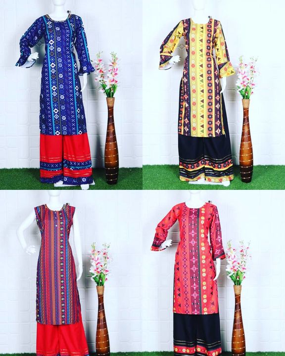 Post image *New launching 😘Kurtis and plazo*

*Beautiful  colors 4*
*Febric details*
*Very soft poly reyon*
*With digital printing*
*cottan plazo with gota patti less*

Size :- M 38/L 40/
        XL 42/XXL 44

*TOP LENGTH 44 INCH*
*Bottom:40 inch*
