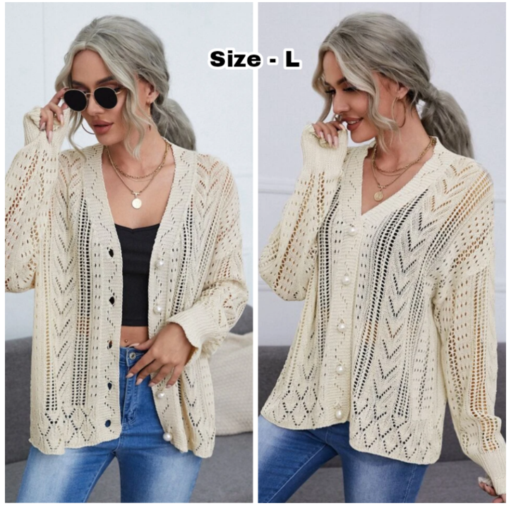 Post image Open Knit Button Up Cardigan
Size - L 
Price - 250+Shipping
Only one piece left ✨
Hurry up low cost with amazing quality 💯
Same day dispatch 📦