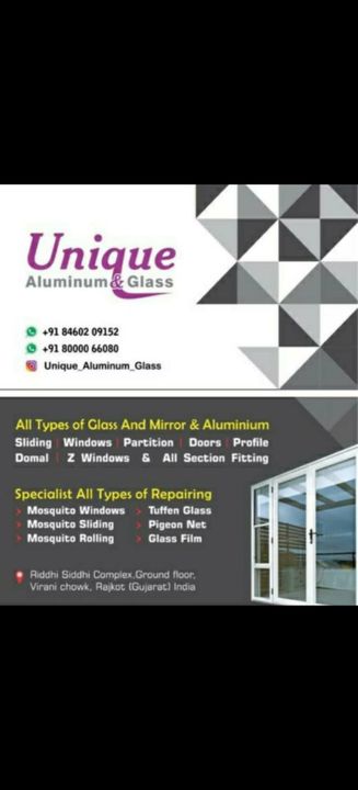 Post image All types aluminium and glassAluminium sliding doorsAluminium sliding windowsAluminium partitionAluminium doorsAluminium profileAluminium Domal windowsAluminium z windowsAluminium all types of fitting
All types of glassTuffen glass Mirror glassDesigning mirrorGlass Film
Mosquito netsMosquito windowsMosquito slidingMosquito rollingAndPigeon net
Problems are made easier.