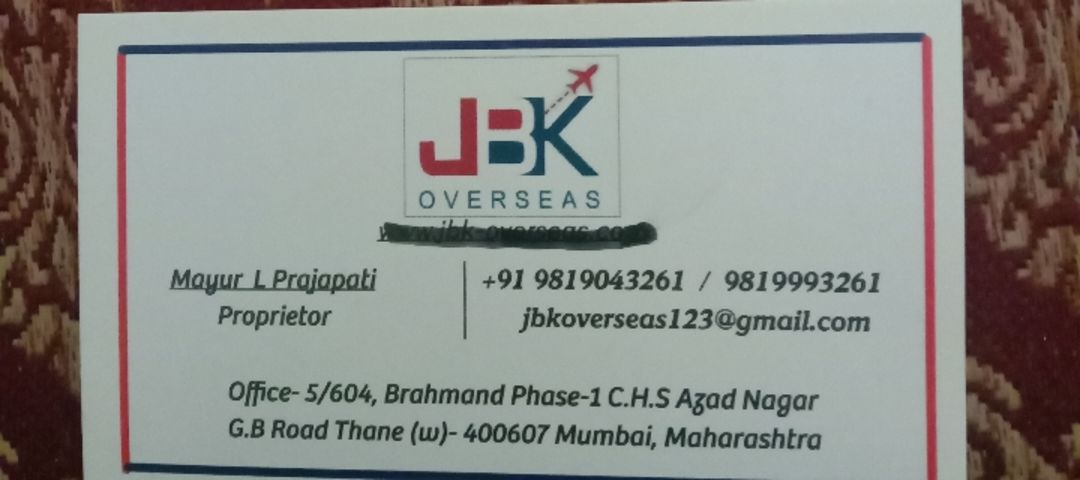 Visiting card store images of JBK OVERSEAS