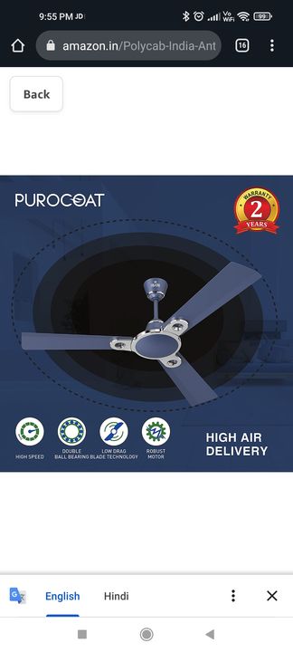 Polycab Eleganz D'ziner Purocoat Premium 1200 mm Anti Dust Anti Rust Ceiling Fan(pearl blue) uploaded by DD INDUSTRIES on 12/23/2021