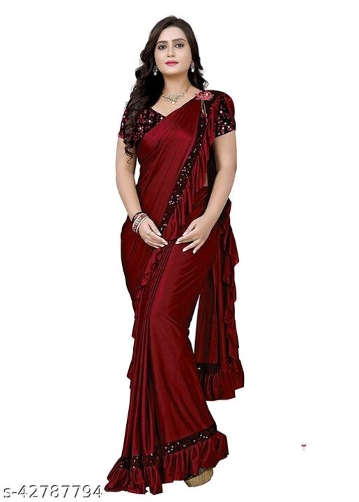 Post image Aagyeyi Graceful SareesSaree Fabric: LycraBlouse: Running BlouseBlouse Fabric: VelvetPattern: SolidMultipack: SingleIts a Lycra Saree With UN-Stitched Blouse Piece.Sizes: Free Size (Saree Length Size: 5.5 m, Blouse Length Size: 0.8 m) 
Country of Origin: India
