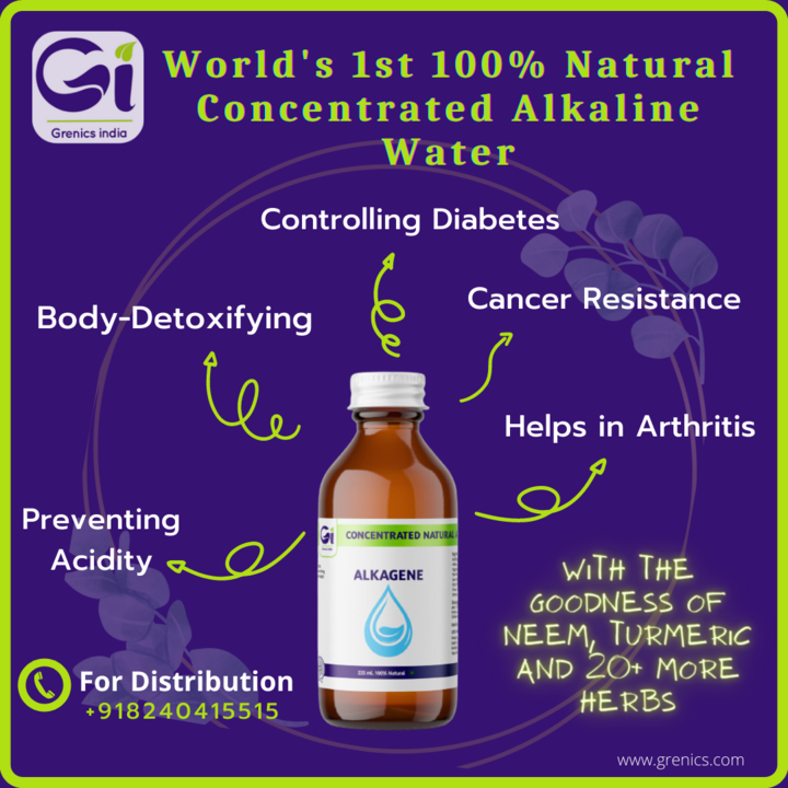 Post image Grenics India:
 With 225 ml of our ALKAGENE, you can convert upto 15 litres of normal water into Alkaline water
The procedure of drinking our water is very simple and easy sir...you only have to drink 10ml total daily i.e. 1) 5ml of alkagene with 250ml of normal water on empty stomach.
2) Next 5ml of alkagene with 250ml of normal water in evening time! As our product comes in concentrated form it have that potential that whatever you eat between morning to evening, ALKAGENE  will convert your food into Alkaline except soda drinks.