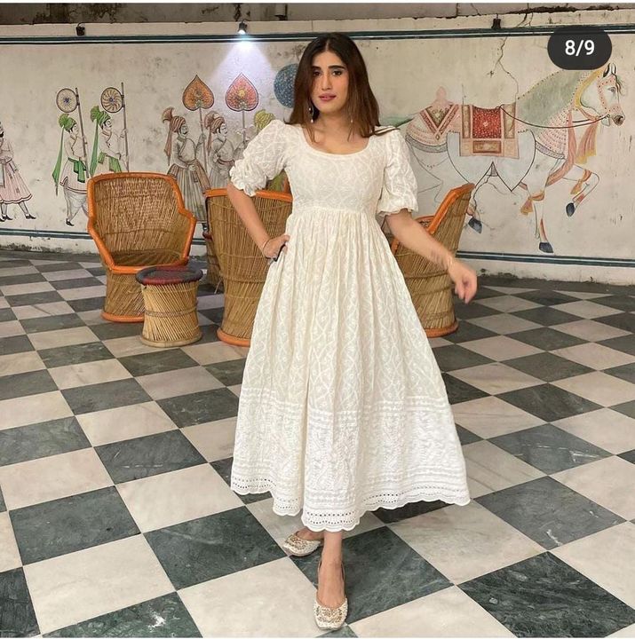 Post image *Quality always superb*
*A summer respite … off white lukhnawi chikankari cotton silhouette dress with Swarovski sequin handwork and cotton lining attached inside**puffed classy sleeves with elastic and frill*
Length -47*Size M to Xxl* 
*Price 999-Free Shipping*
Ready to dispatch Full stock available