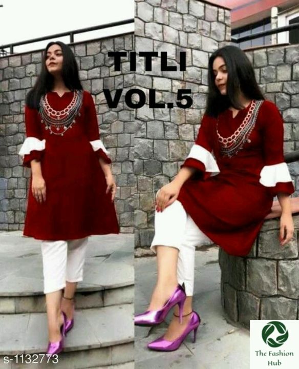 Post image 😍😍Check out my new products just - 650 Women's Solid Rayon Kurta set with PantsFabric: Kurti - Rayon Pant - Rayon
Sleeves: 3/4 Sleeves Are Included
Size: Kurti: M - 38 in L - 40 inXL - 42 in Pant: M - 30 in L - 32 in XL - 34 in
Length: Kurti - Up To 40 in Pant - Up to 37 in
Type: Stitched
Description: It Has 1 Piece Of Kurti &amp; 1 Piece Of Pant
Work / Pattern : Kurti: Embroidery Pant: SolidCountry of Origin: India