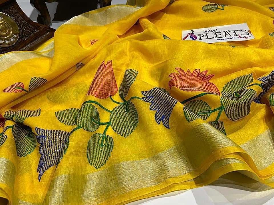  pure linen by linen Saree embroidery uploaded by business on 9/27/2020
