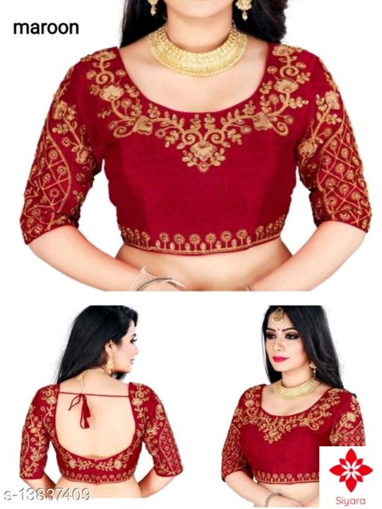 Post image Siya Elegant Trendy Mango Silk Women's BlousesFabric: Mango SilkSleeves: Sleeves Are Included Size: Free Size (Up To 38 in To 42 in - ADJUSTABLE )Length: Up To 18 inType: *Stitched* Description: It Has 1 Piece Of Women's BlouseWork: EmbroideredDesigns: 11