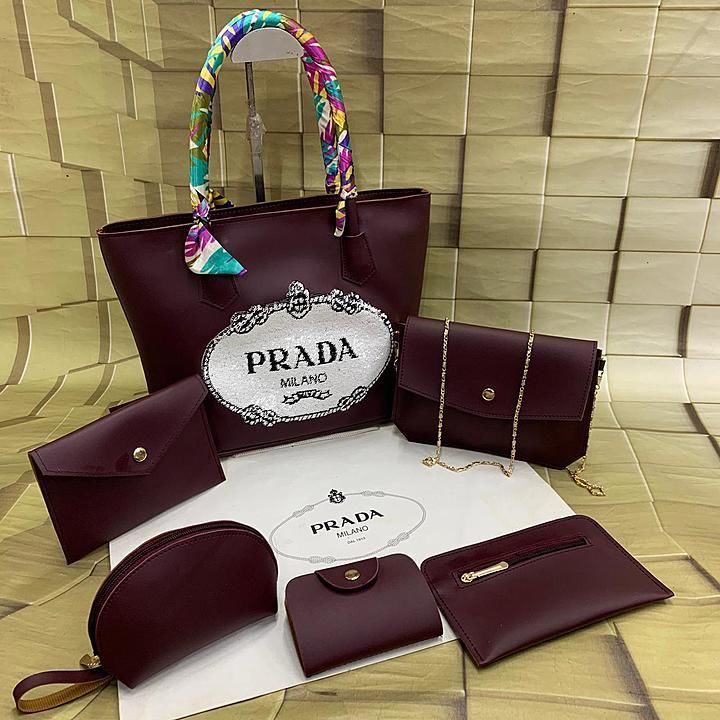 Prada combo
Back again in 6 PC set 
Handbag 👜 Pouch 👝 
Card holder 💳
Clutch 👛wallet 💴
 uploaded by business on 9/28/2020
