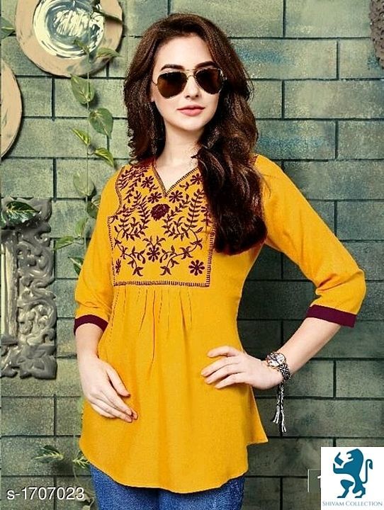 Post image Attractive Embroidered Rayon Women's Top
Fabric: Rayon
Sleeves: 3/4 Sleeves Are Included
Size: ,M -38 in, L-40 in, XL - 42 in, XXL - 44 in ,XXL -46 in, 4XL-48 in
Length: Up To 27 in 
Type: Stitched
Description: It Has 1 Piece Of Women's Top
Work: Embroidered

Price : 689/